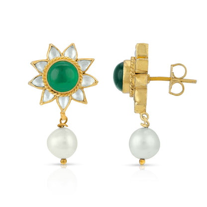 Green Sunflower Kundan 925 Sterling Silver Pearl Earrings
