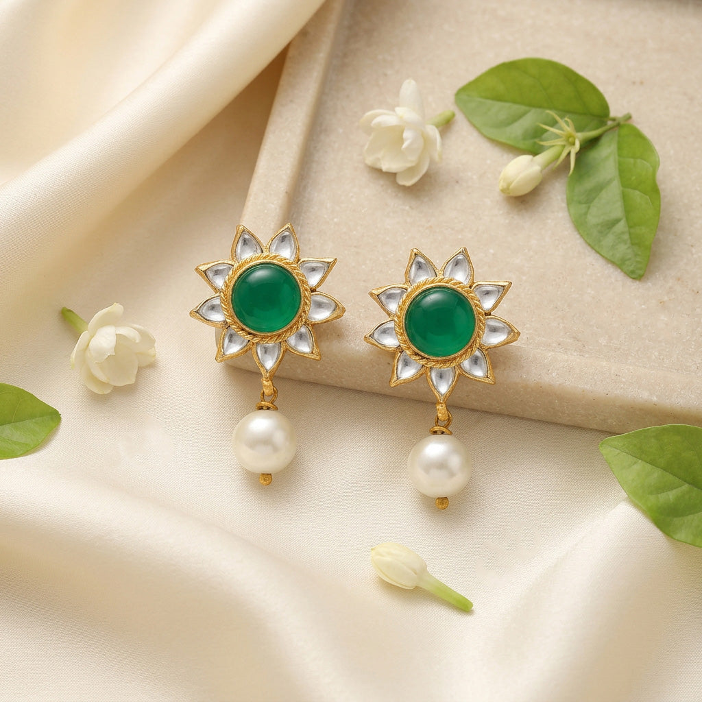 Green Sunflower Kundan 925 Sterling Silver Pearl Earrings