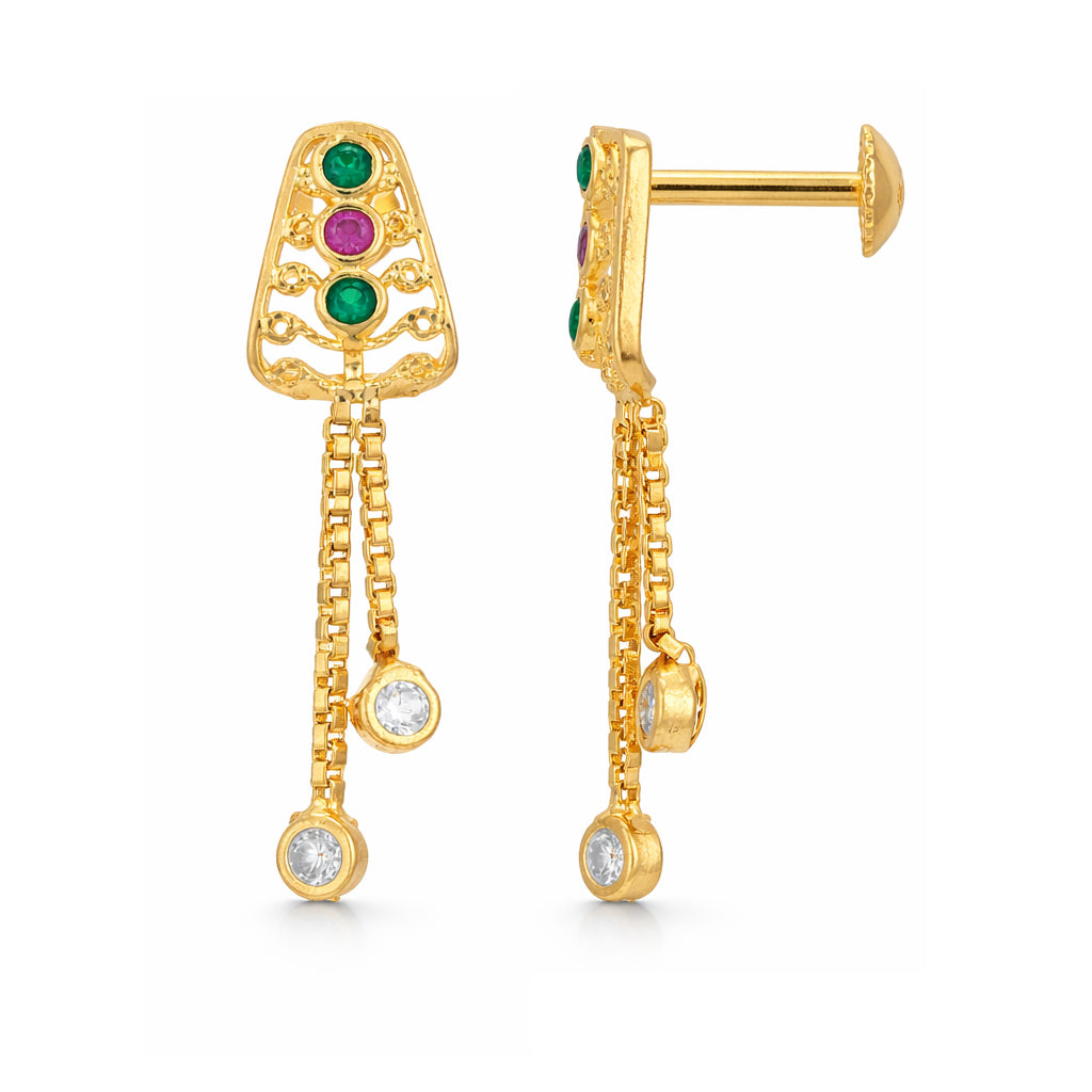 Gold earrings with gemstones and chains on a white background