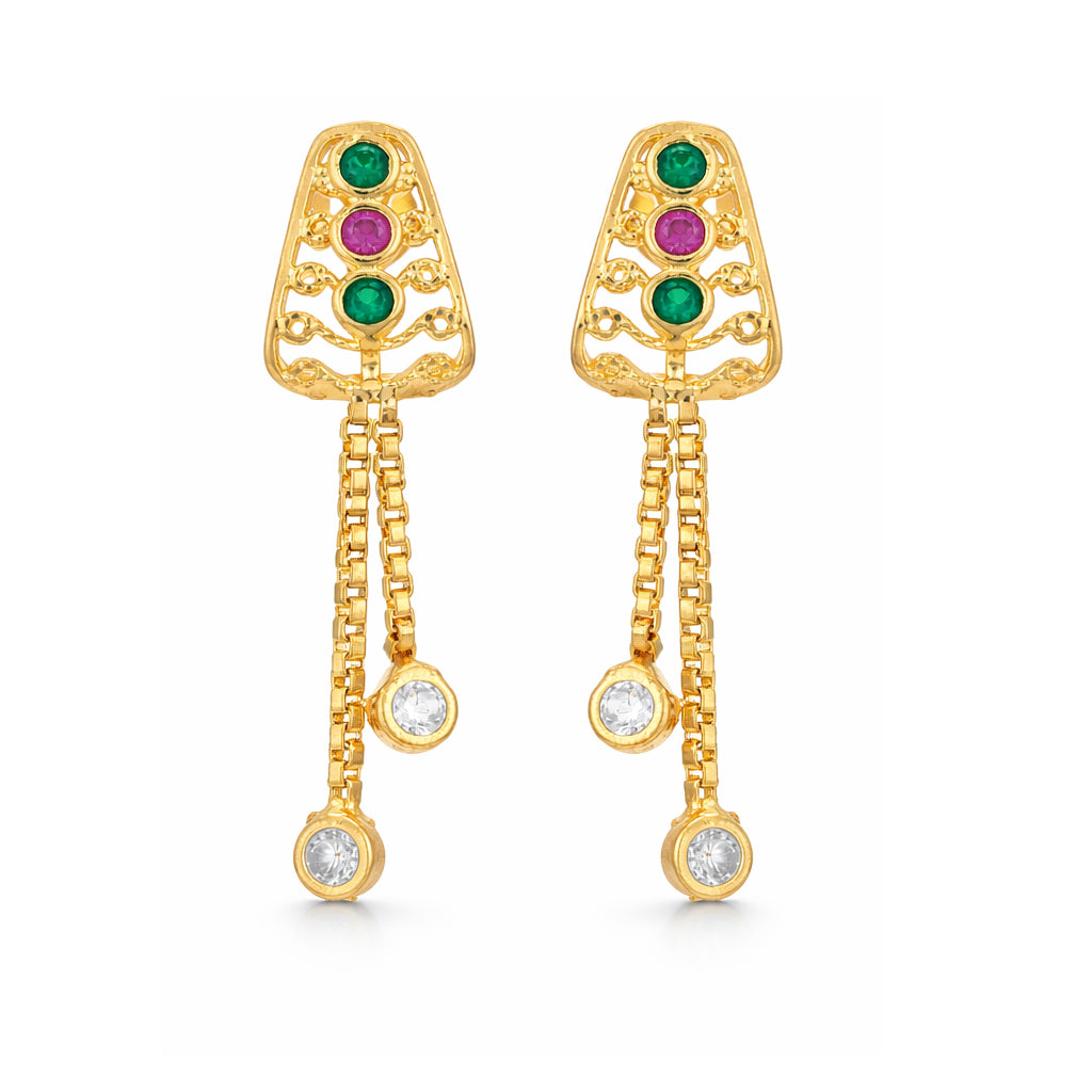 Gold earrings with gemstones on a white background
