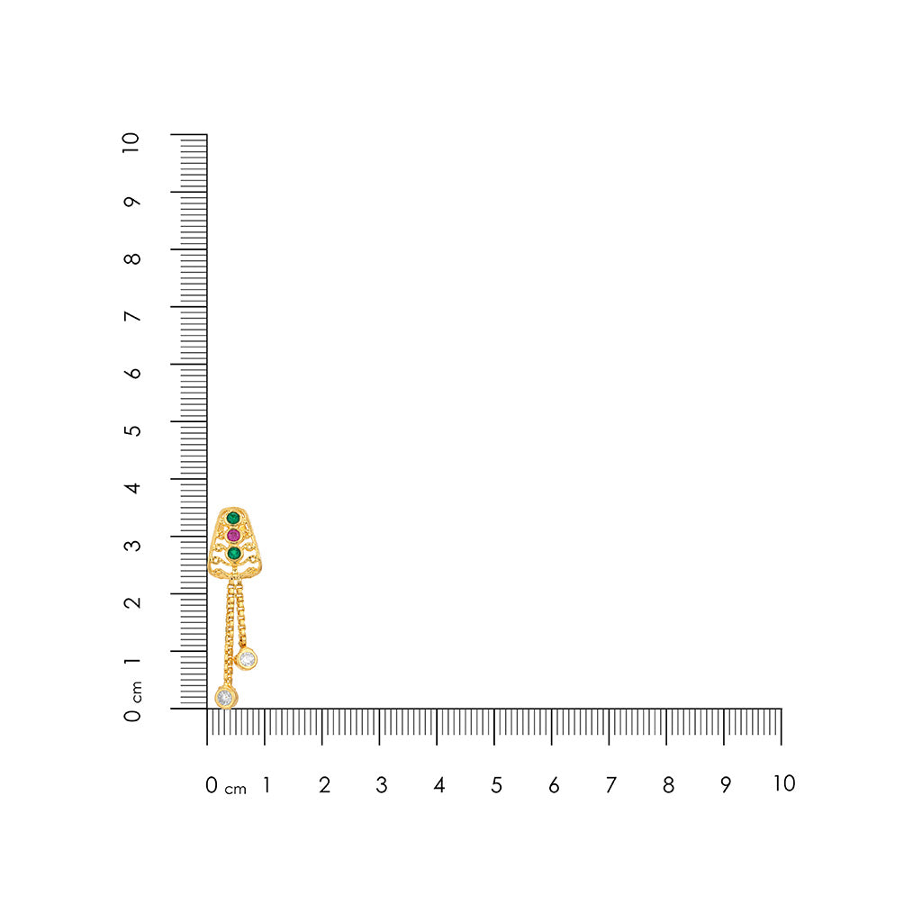 Gold earring with colored stones next to a ruler on a white background