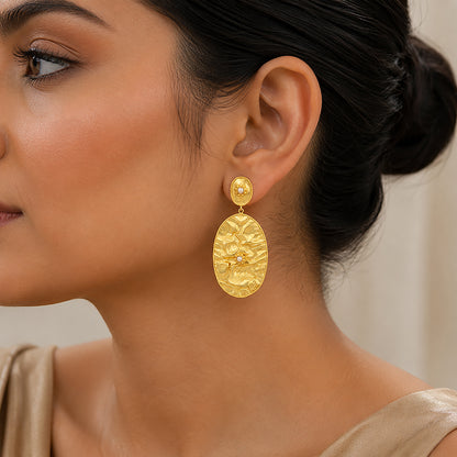 Hammered Gold Oval Pearl Drop Earrings
