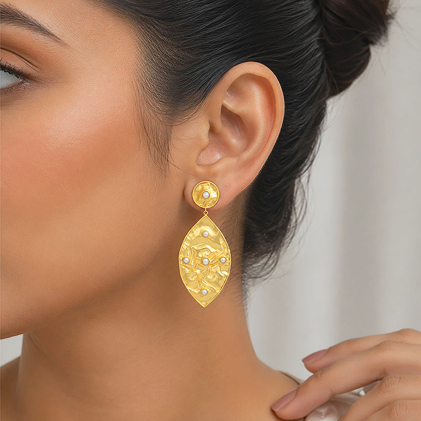 Hammered Gold Pearl Drop Earrings