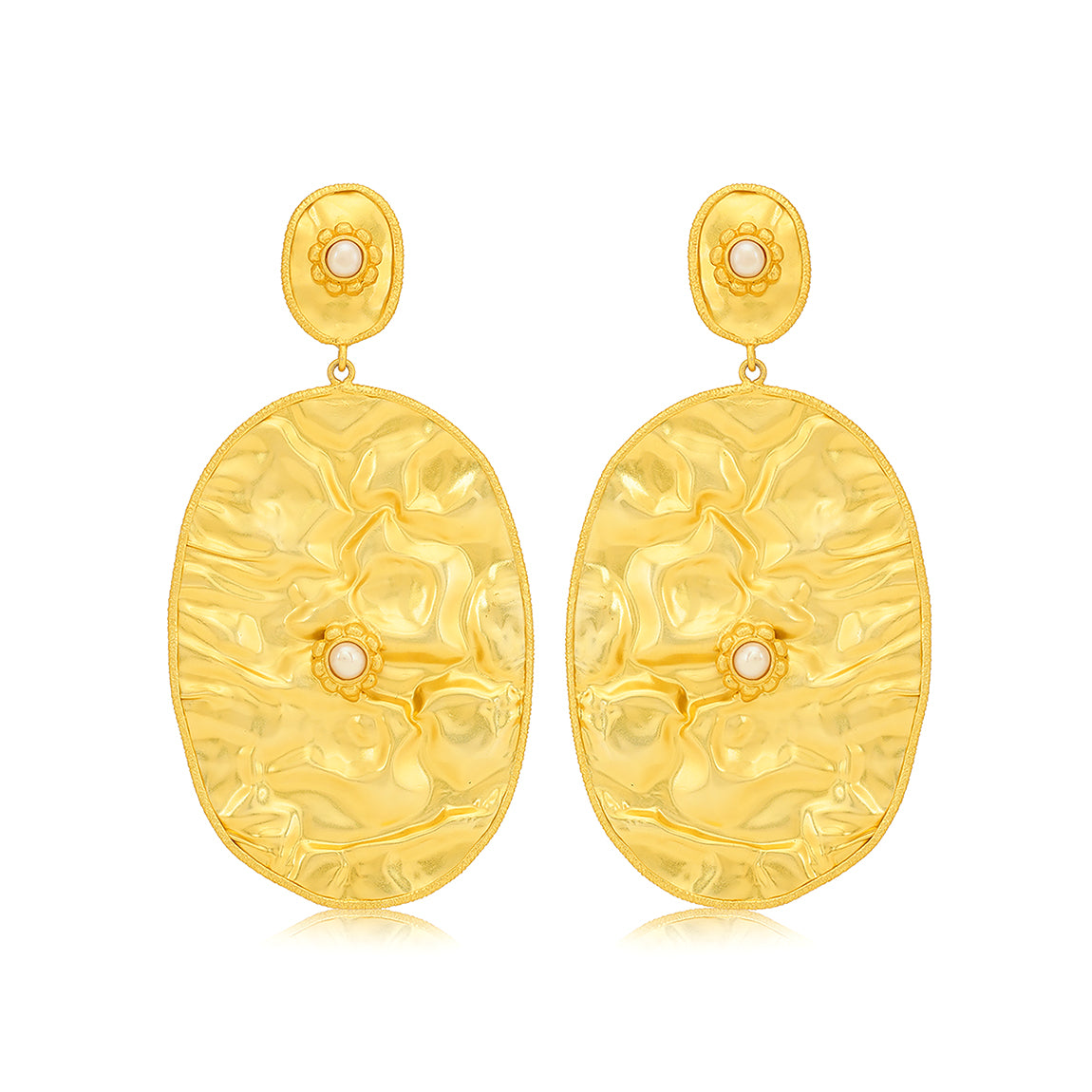 Hammered Gold Oval Pearl Drop Earrings
