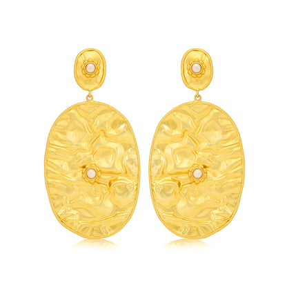 Hammered Gold Oval Pearl Drop Earrings