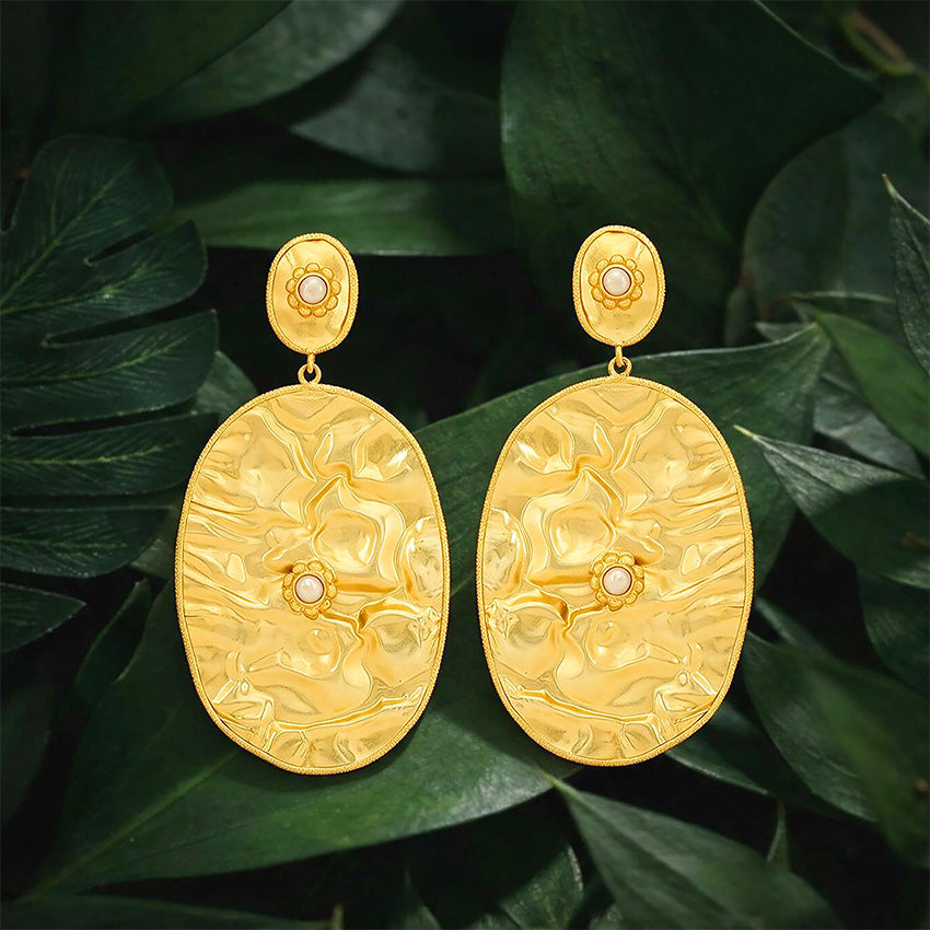 Hammered Gold Oval Pearl Drop Earrings