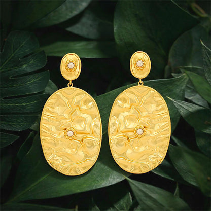 Hammered Gold Oval Pearl Drop Earrings