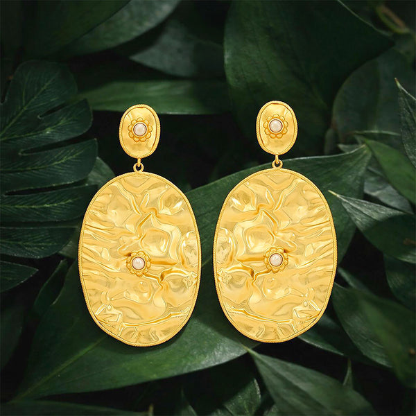 Hammered Gold Oval Pearl Drop Earrings