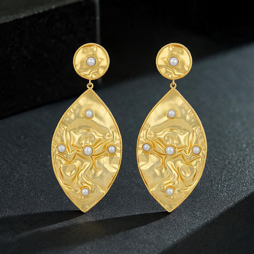 Hammered Gold Pearl Drop Earrings