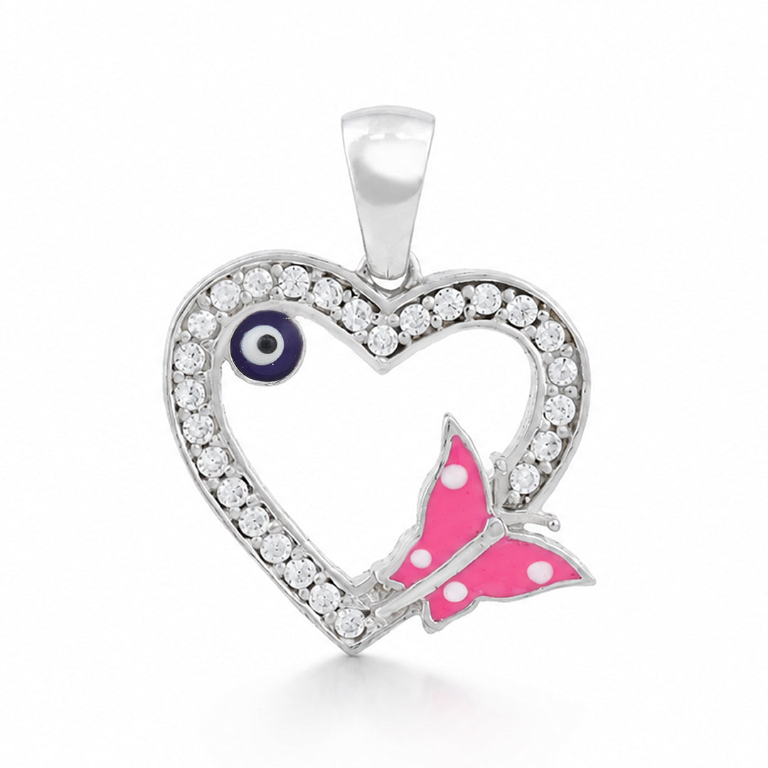 Heart Pink Butterfly Evil Eye 925 Sterling Silver Pendant for Women