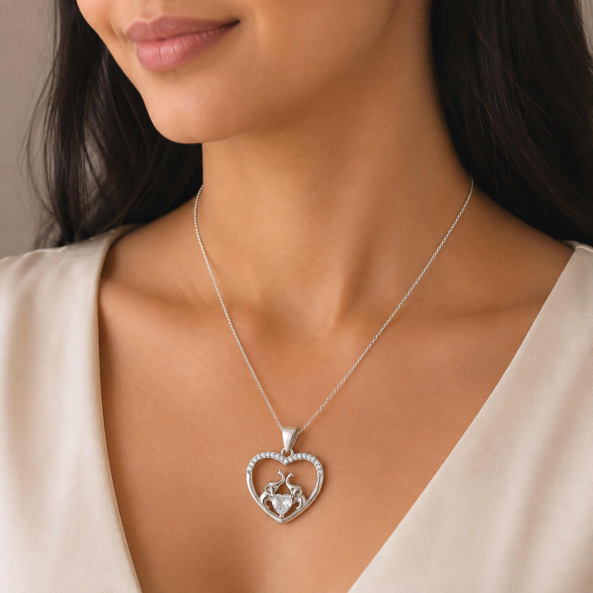 Heart Embrace Twin Elephants 925 Sterling Silver Pendant for Women