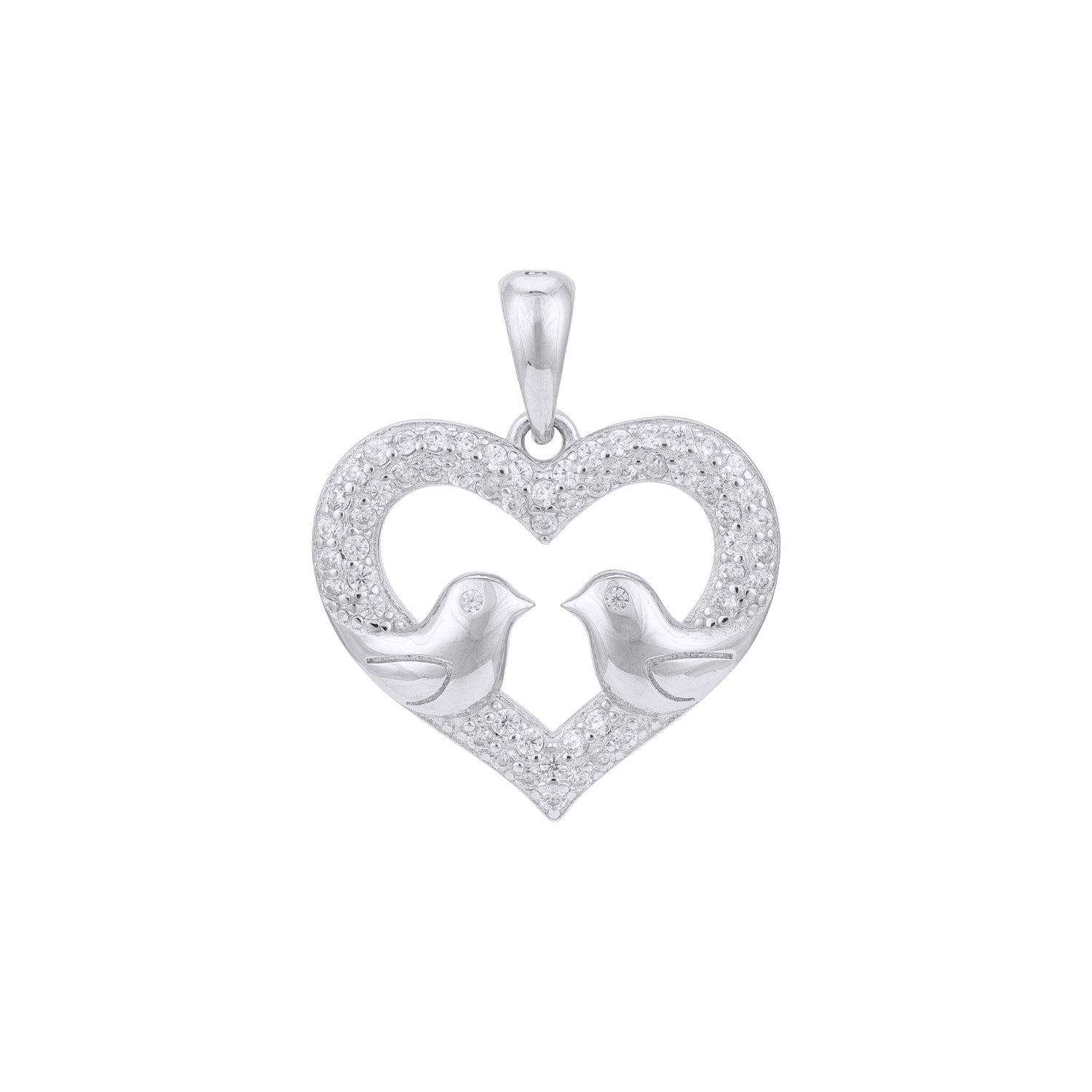 Silver pendant with two doves inside a heart on a white background