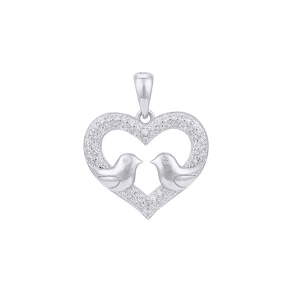 Silver pendant with two doves inside a heart on a white background