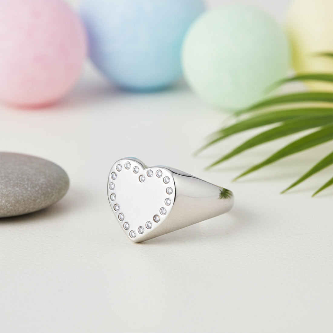 Heart Motif Silver Ring with Crystal Detailing