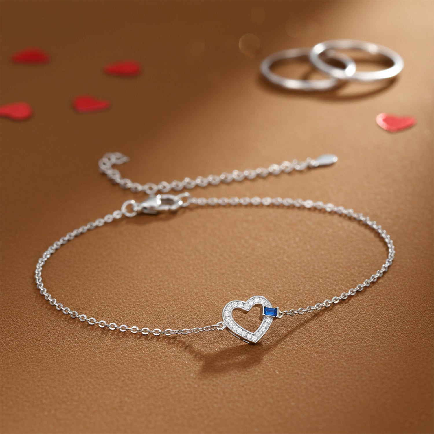 Heart Pav Silver Bracelet with Blue Stone Accent