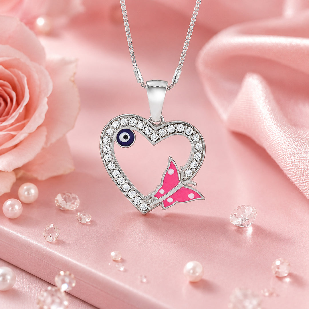 Heart Pink Butterfly Evil Eye 925 Sterling Silver Pendant for Women