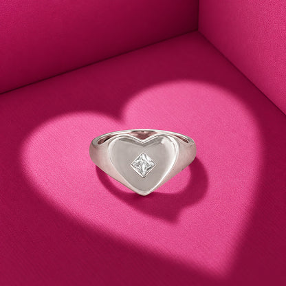 Heart Shaped Silver Ring with Center Square Stone