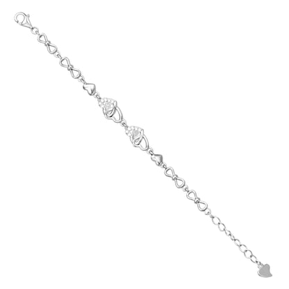 Silver bracelet with heart-shaped links on a white background