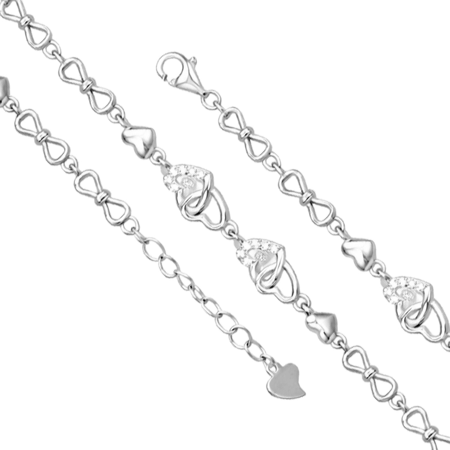 Silver bracelet with heart and bow designs on a white background