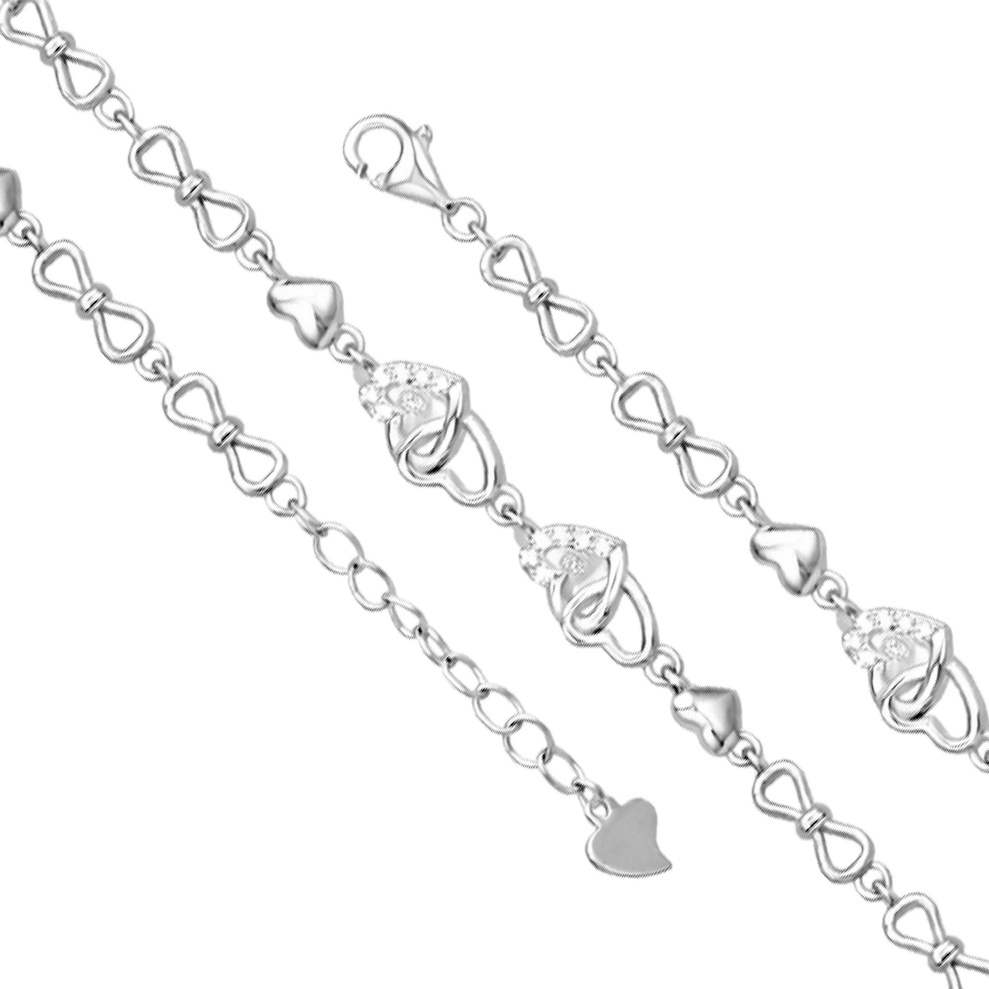 Silver bracelet with heart and bow designs on a white background