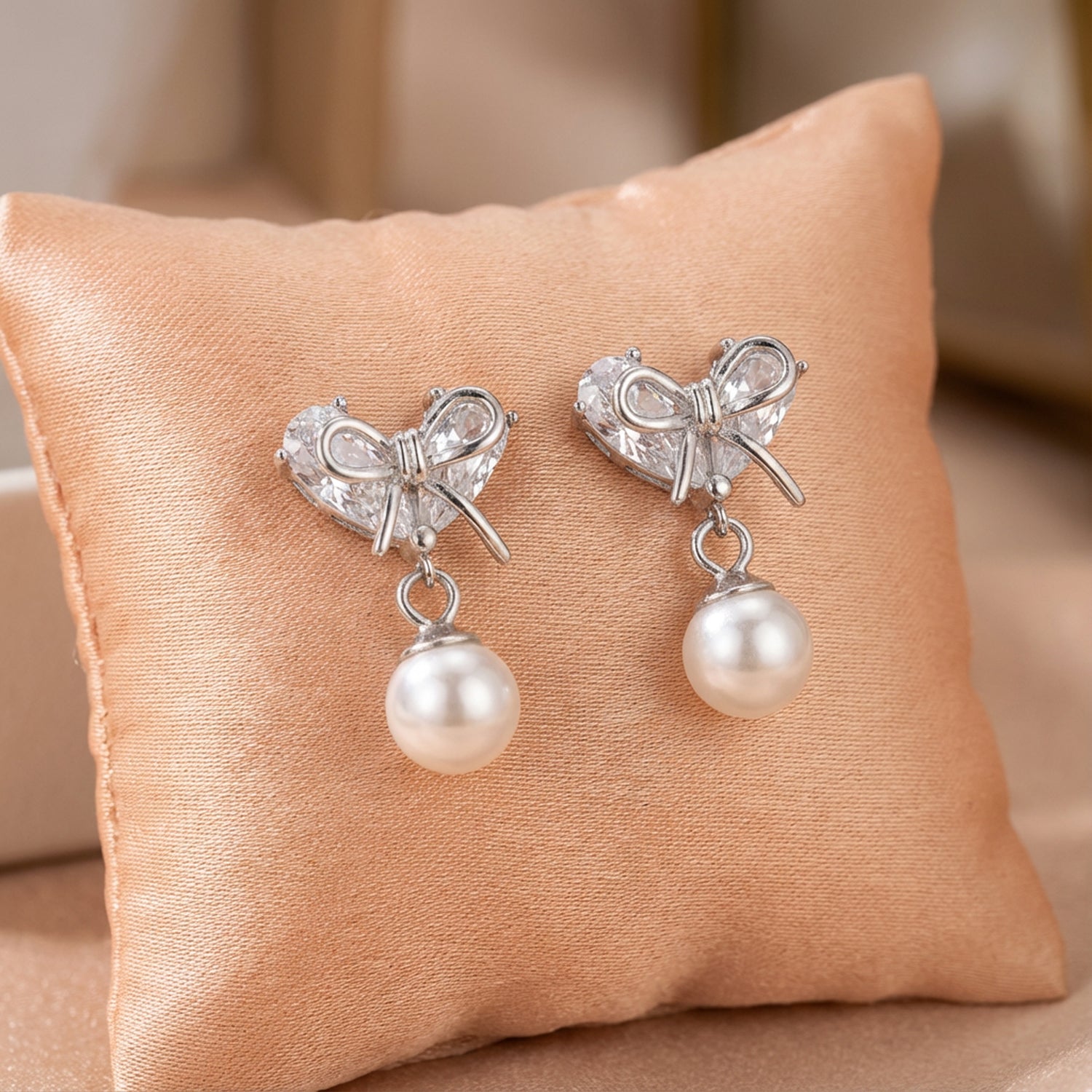Heart and Bow 925 Sterling Silver Pearl Drop Earrings for Women