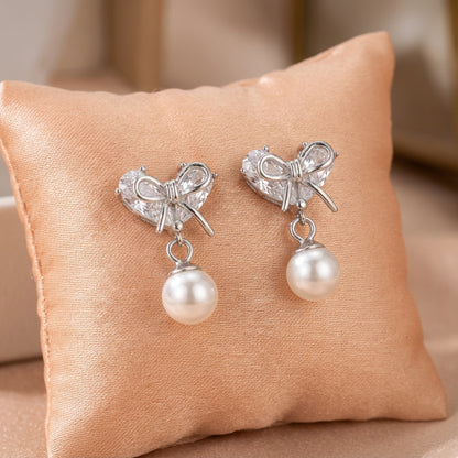 Heart and Bow 925 Sterling Silver Pearl Drop Earrings for Women