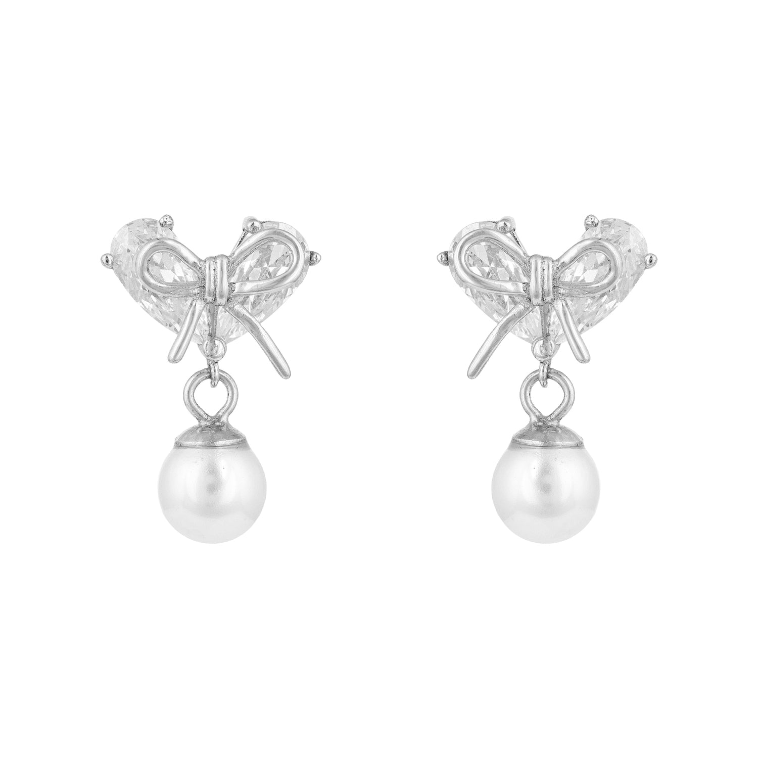 Heart and Bow 925 Sterling Silver Pearl Drop Earrings for Women