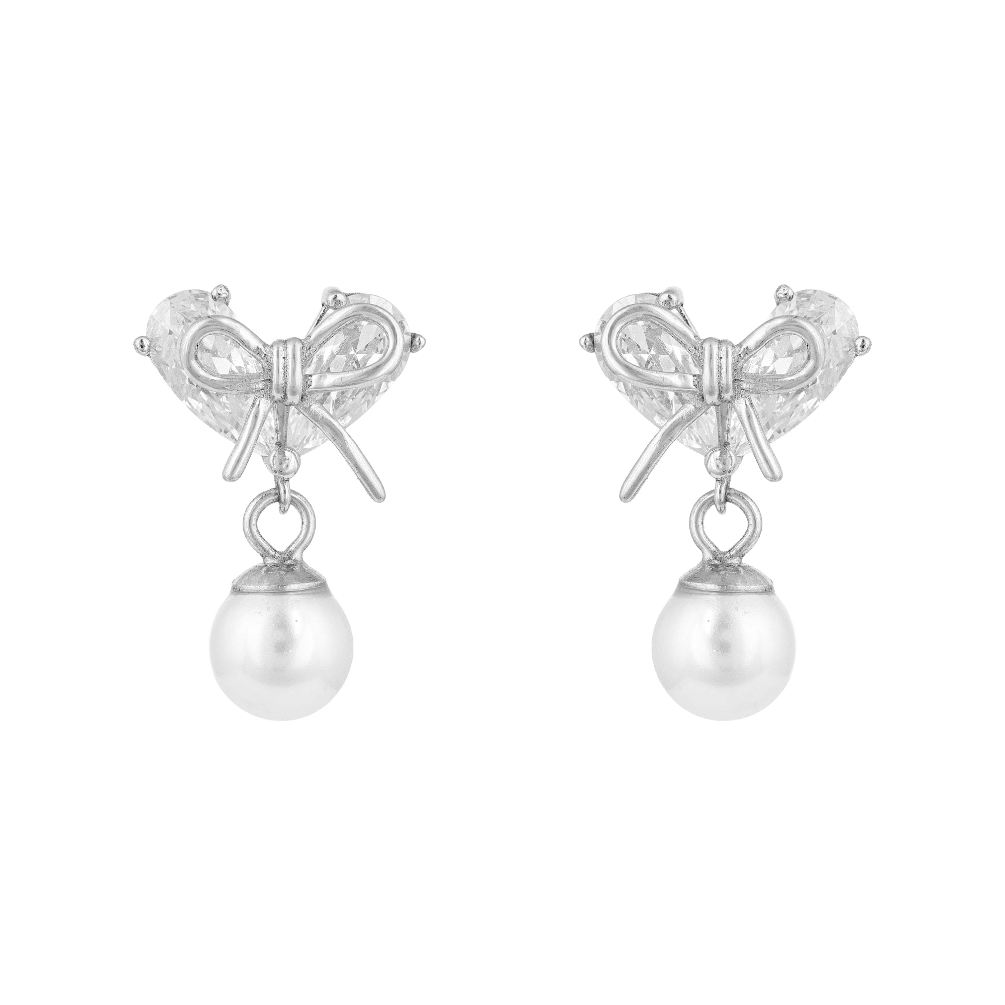 Heart and Bow 925 Sterling Silver Pearl Drop Earrings for Women