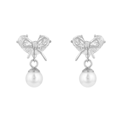 Heart and Bow 925 Sterling Silver Pearl Drop Earrings for Women