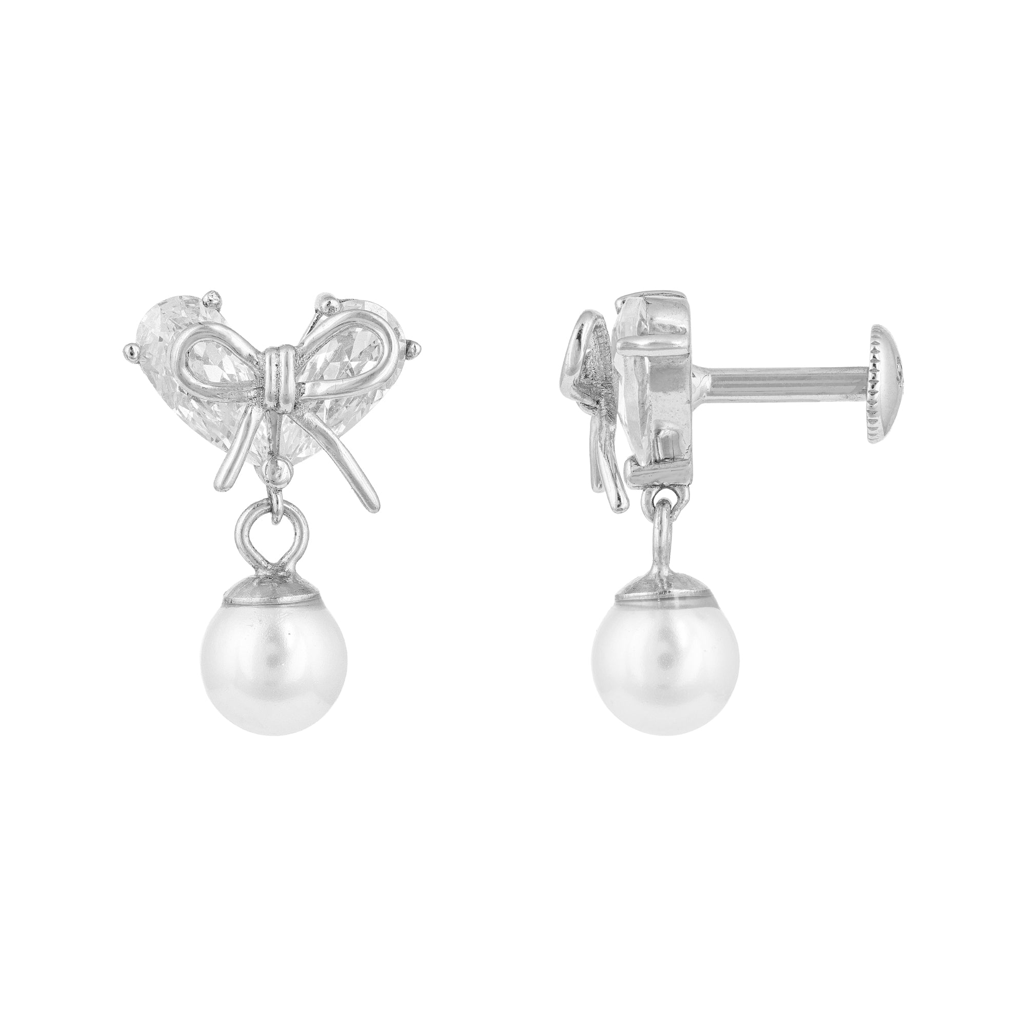 Heart and Bow 925 Sterling Silver Pearl Drop Earrings for Women