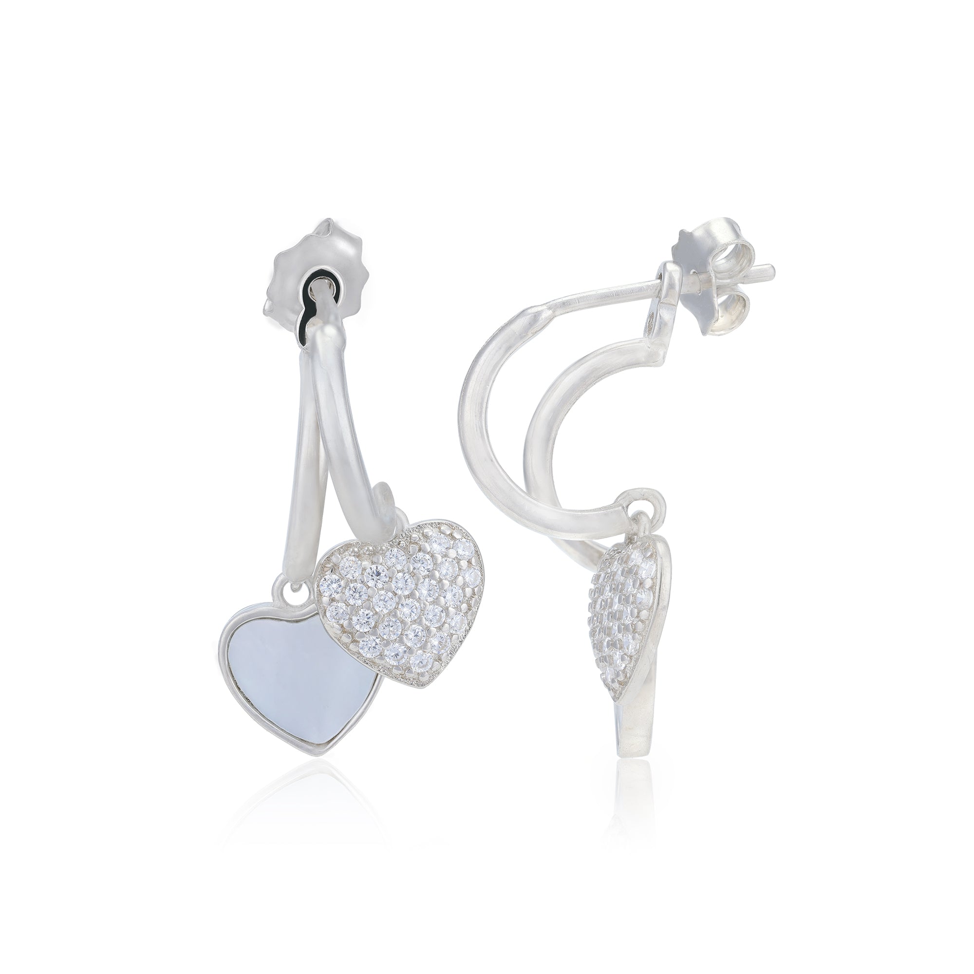 Hearts Dual Drop Pearl Stone Rhodium Plated Studs