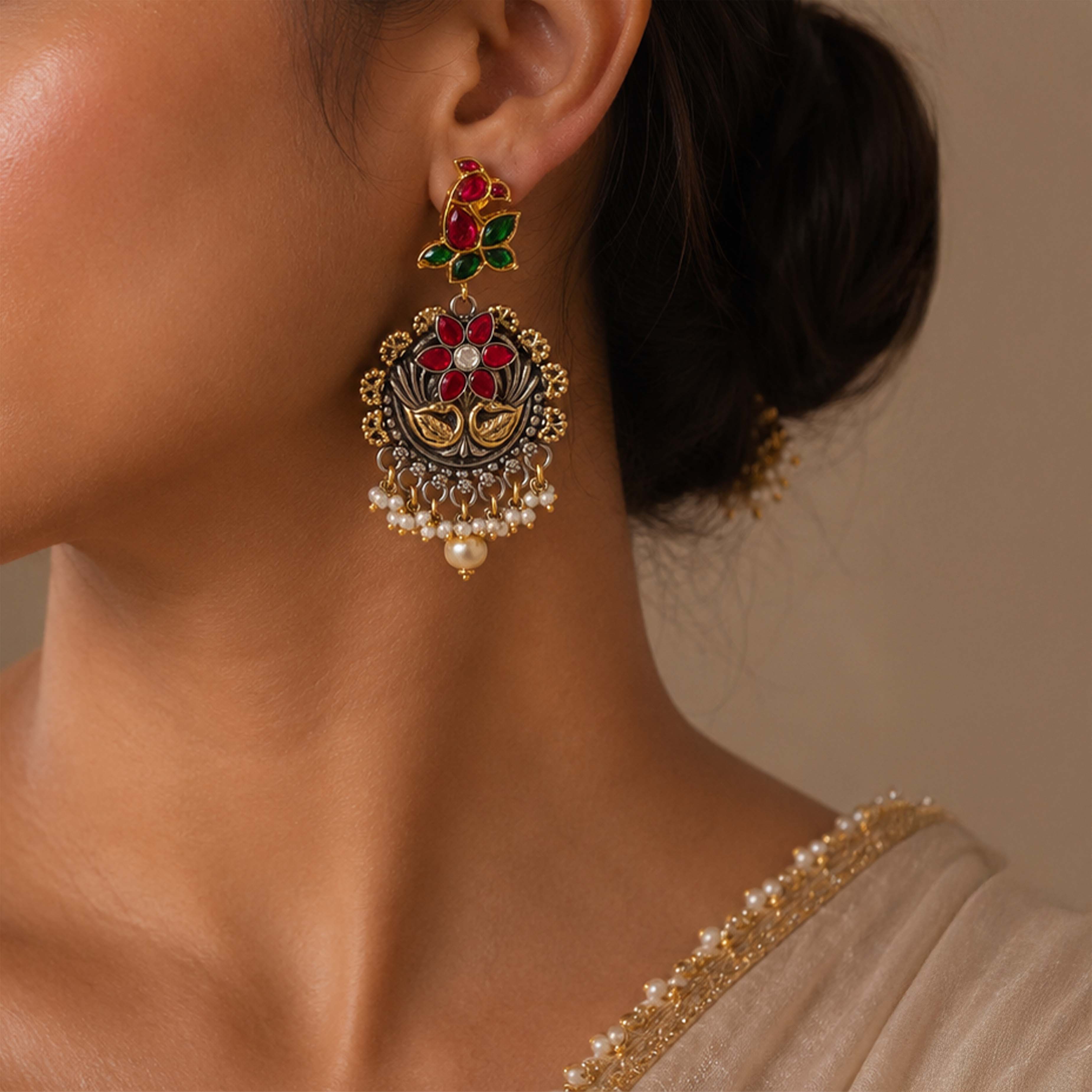 Heritage Kundan 925 Sterling Silver Pearl Drop Earrings