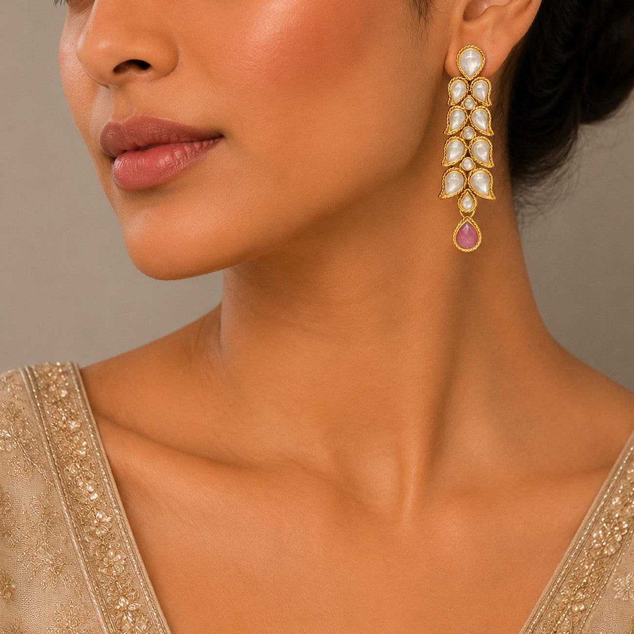 Heritage Kundan Leaves 925 Sterling Silver Drop Earrings