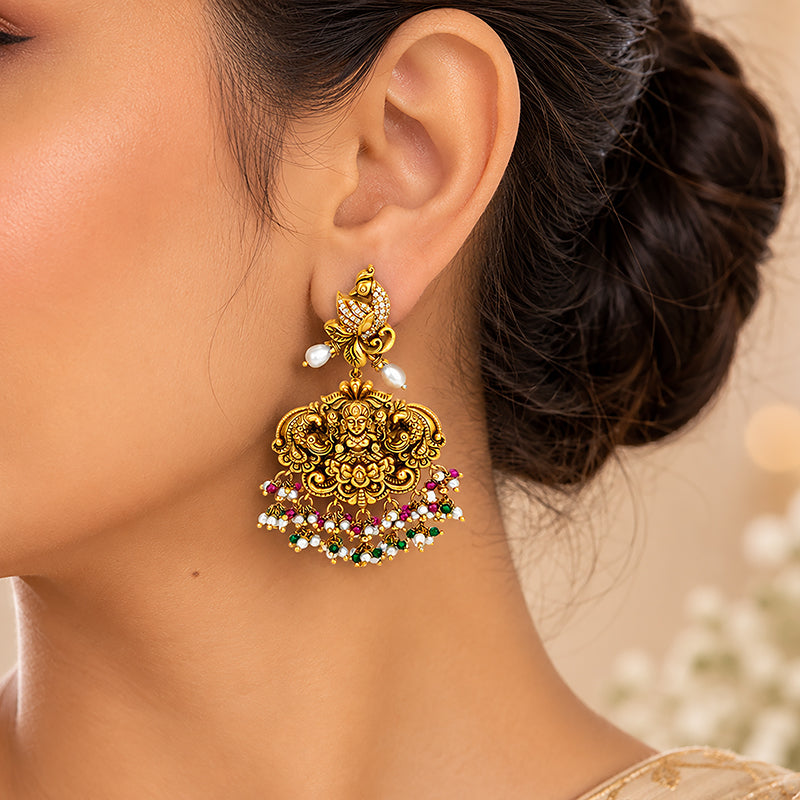 Heritage Lakshmi Motif Silver Jhumka Chandelier Earrings with Pearls