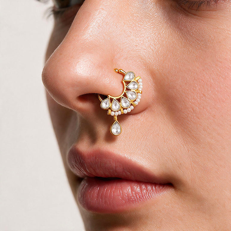 Heritage Pearl Kundan Silver Nose Ring