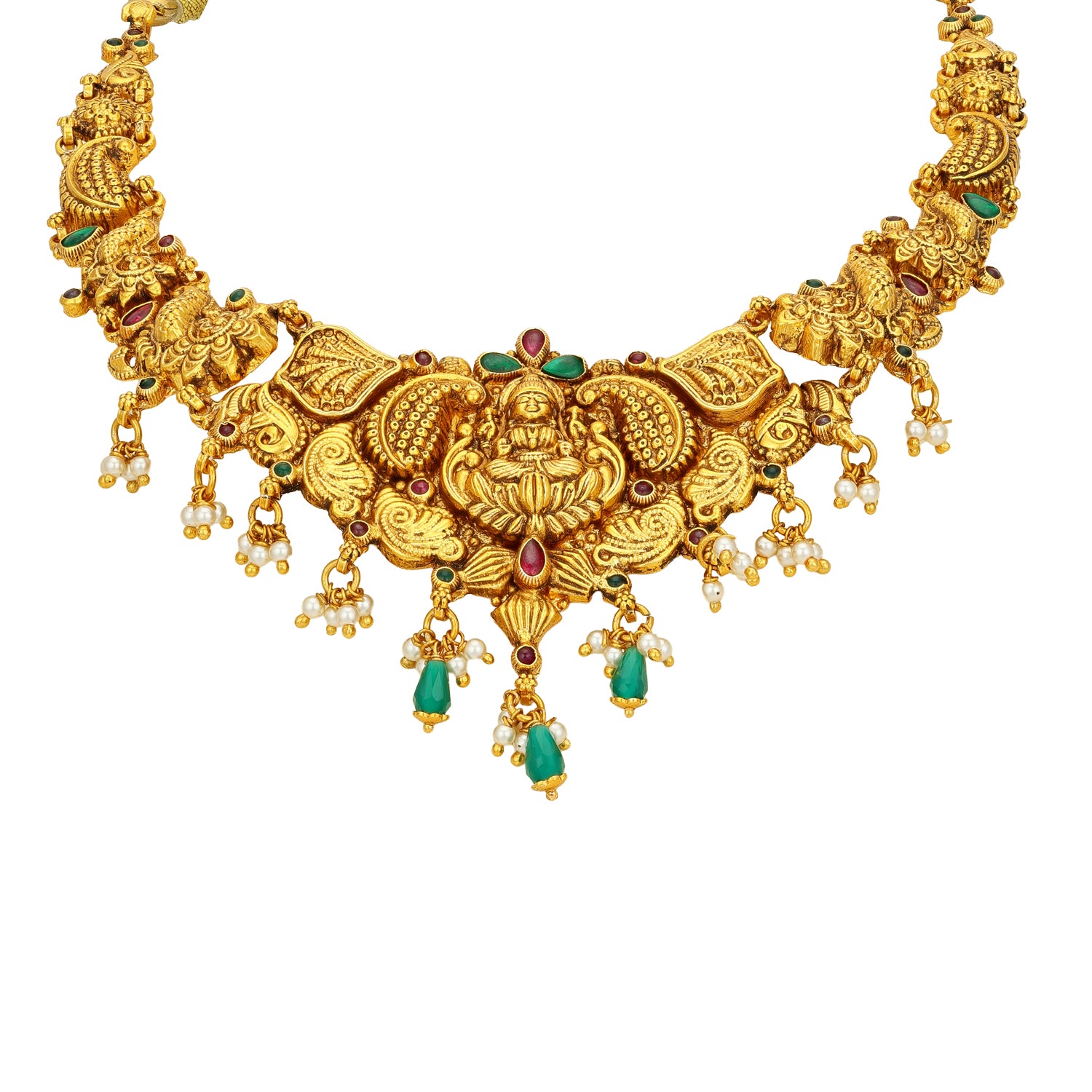 Heritage Deity Lakshmi Paisley Pattern 925 Sterling Silver Pearl Green Drop Necklace for Women
