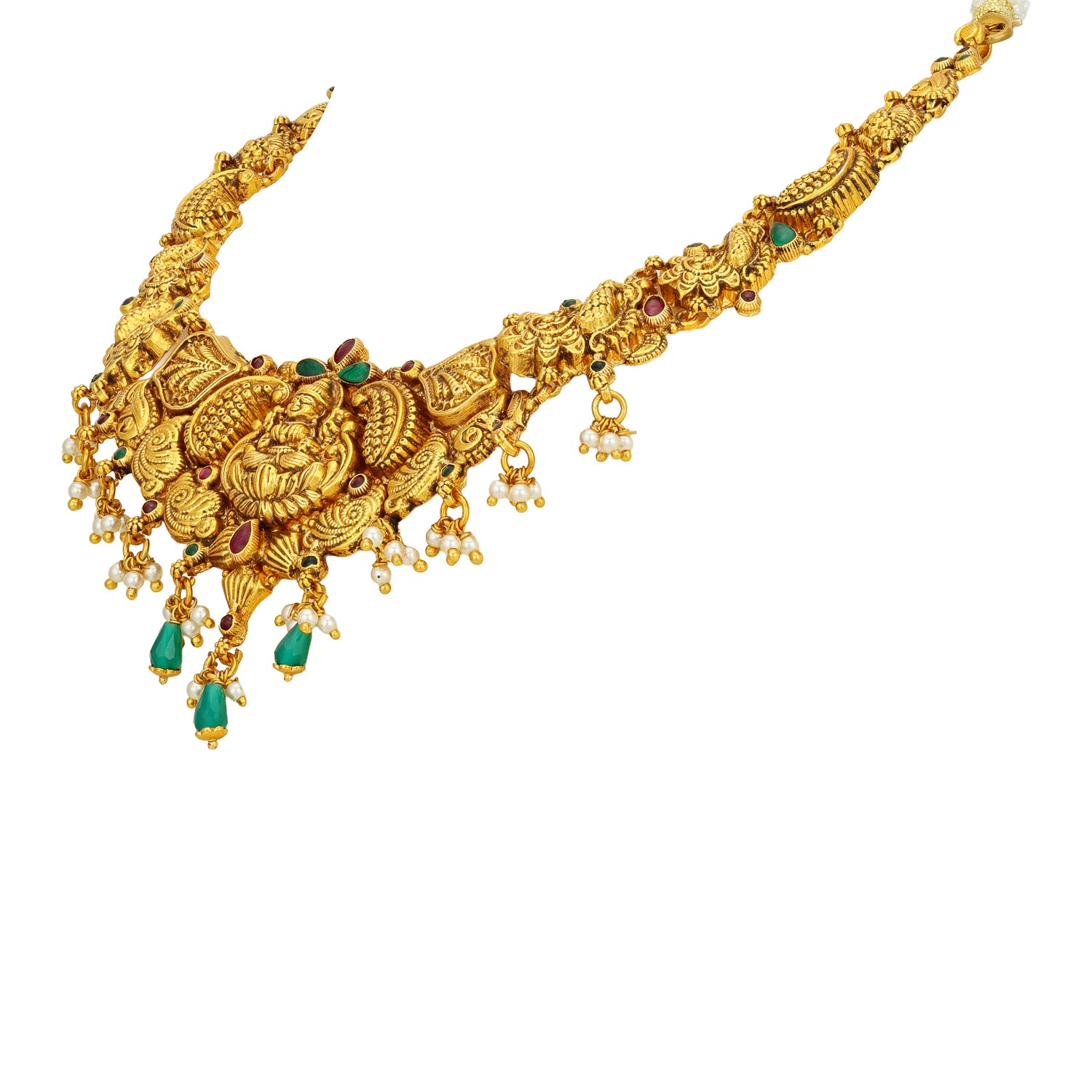 Heritage Deity Lakshmi Paisley Pattern 925 Sterling Silver Pearl Green Drop Necklace for Women