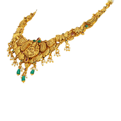 Heritage Deity Lakshmi Paisley Pattern 925 Sterling Silver Pearl Green Drop Necklace for Women