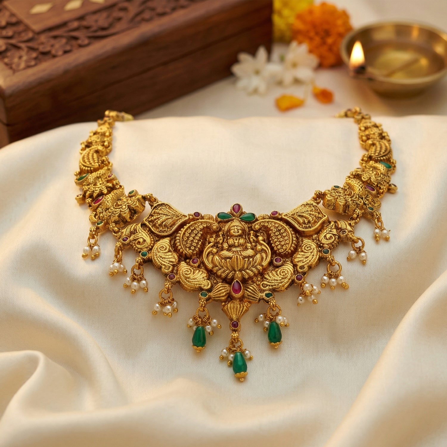 Heritage Deity Lakshmi Paisley Pattern 925 Sterling Silver Pearl Green Drop Necklace for Women