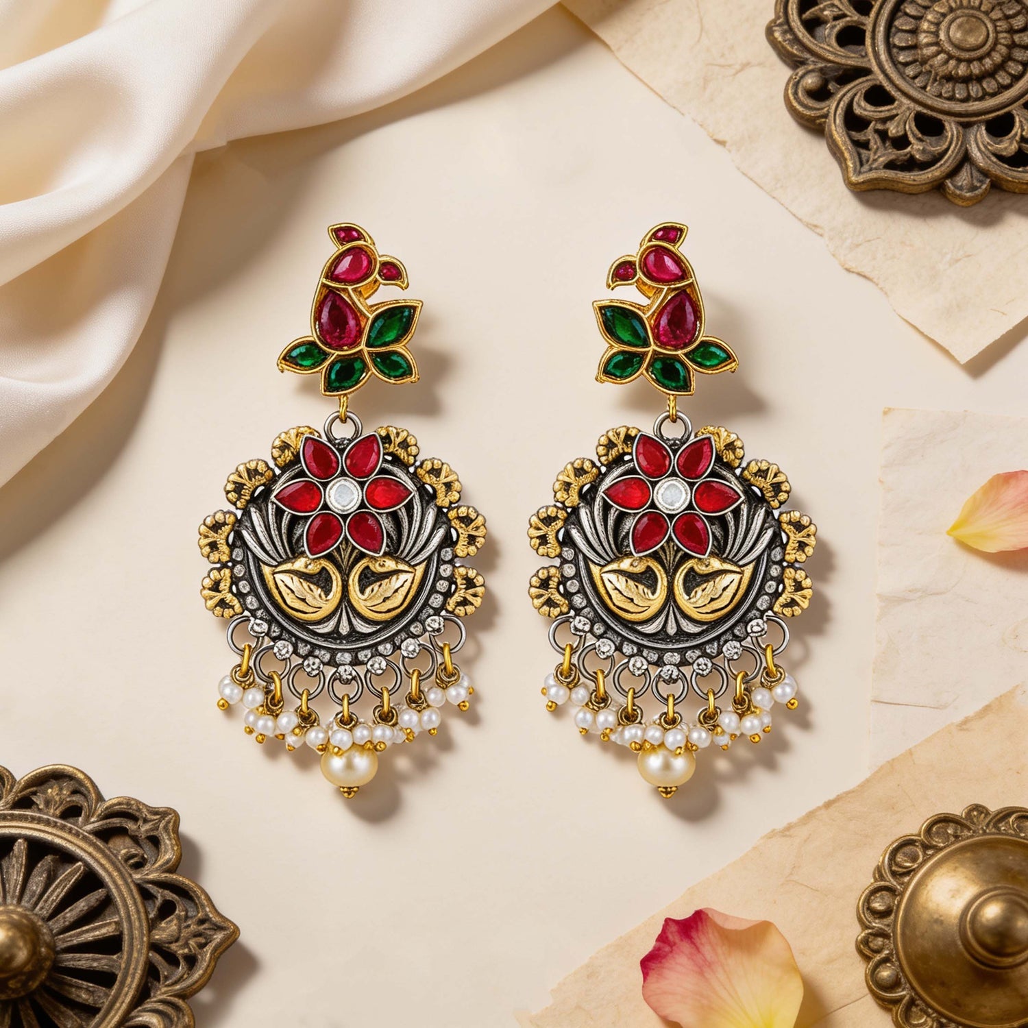 Heritage Kundan 925 Sterling Silver Pearl Drop Earrings