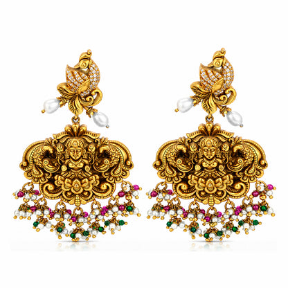 Heritage Lakshmi Motif Silver Jhumka Chandelier Earrings with Pearls