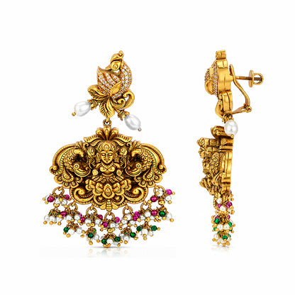 Heritage Lakshmi Motif Silver Jhumka Chandelier Earrings with Pearls