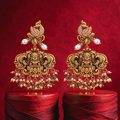 Heritage Lakshmi Motif Silver Jhumka Chandelier Earrings with Pearls