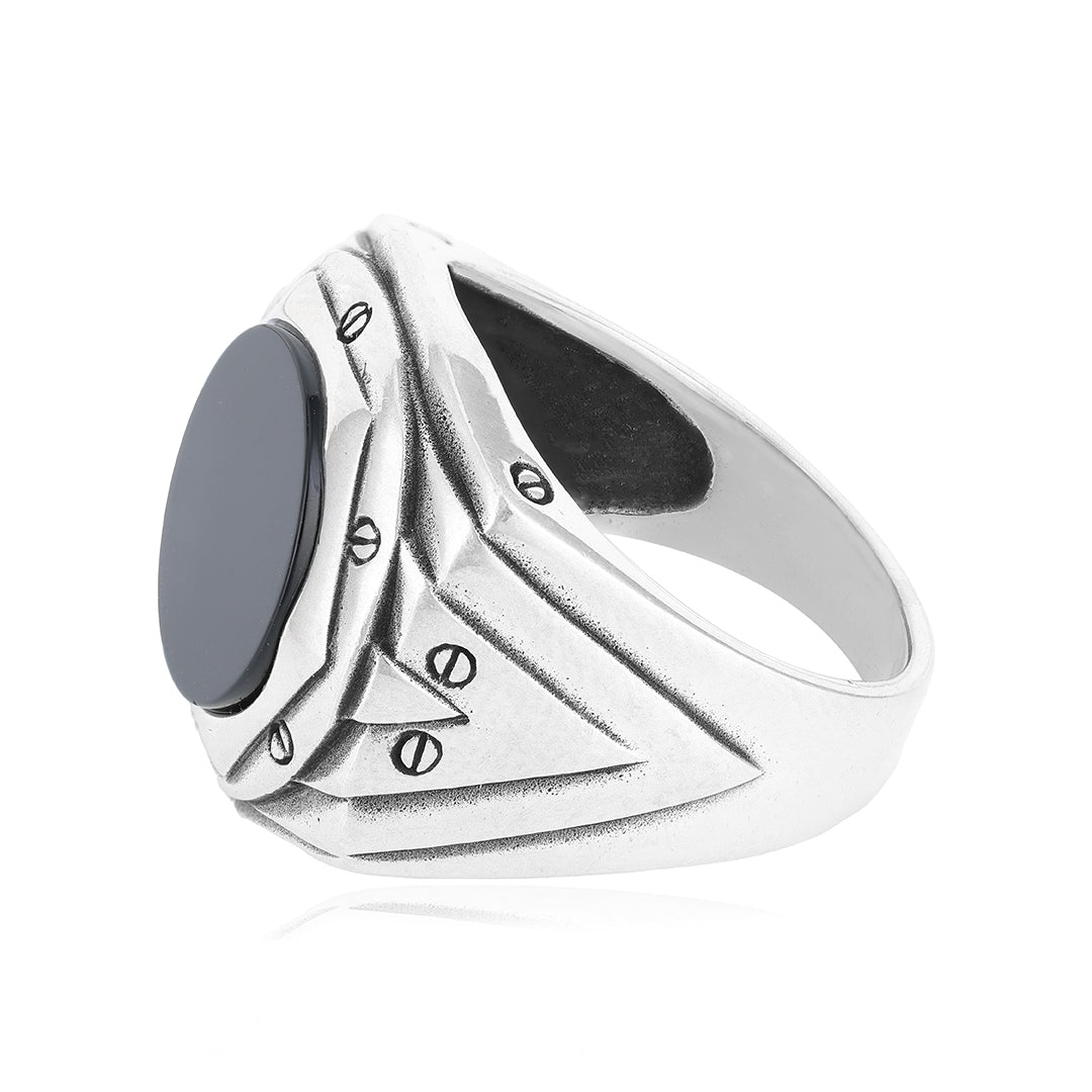 Hexa Engraved 925 Black Agate Ring