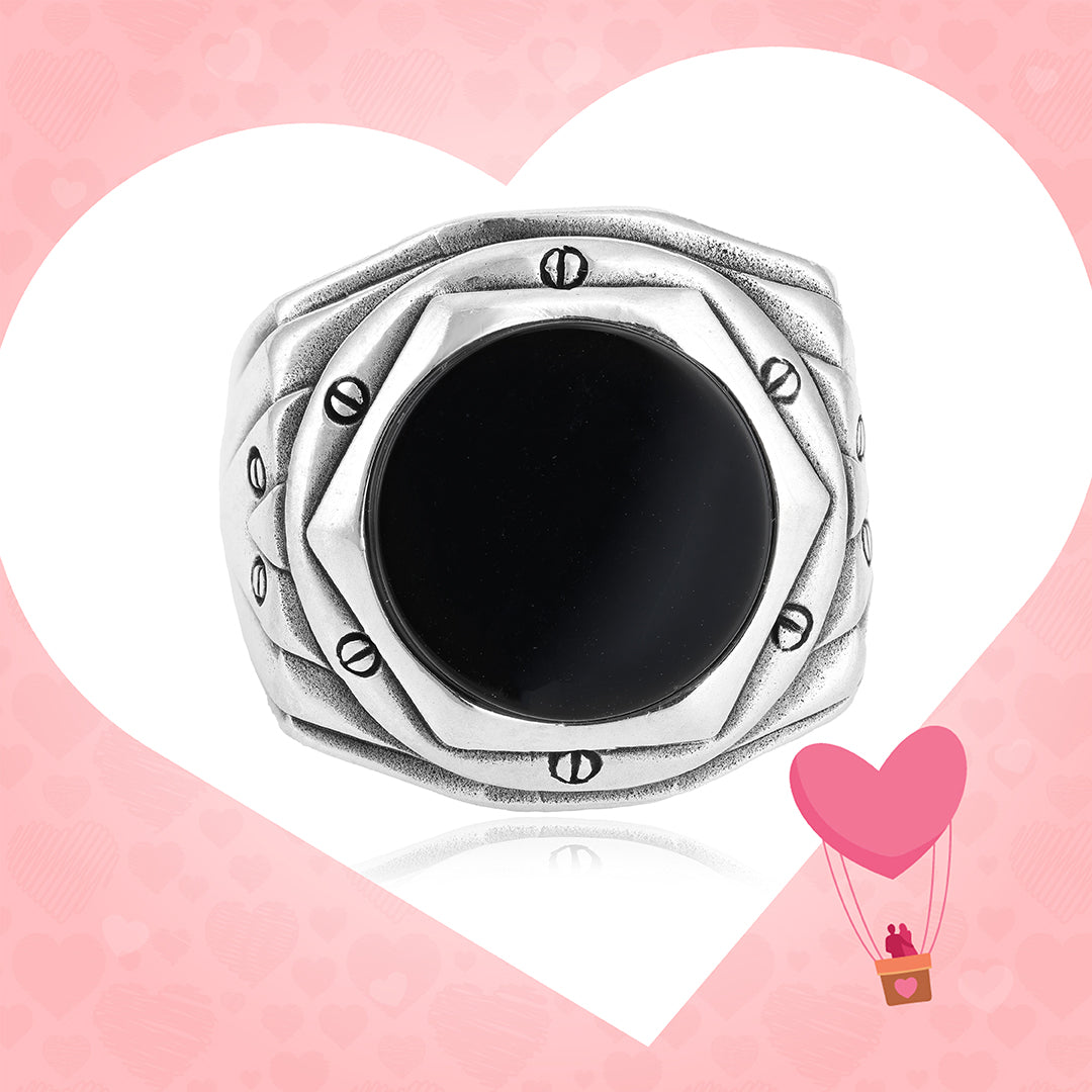 Hexa Engraved 925 Oxidised Black Agate Ring