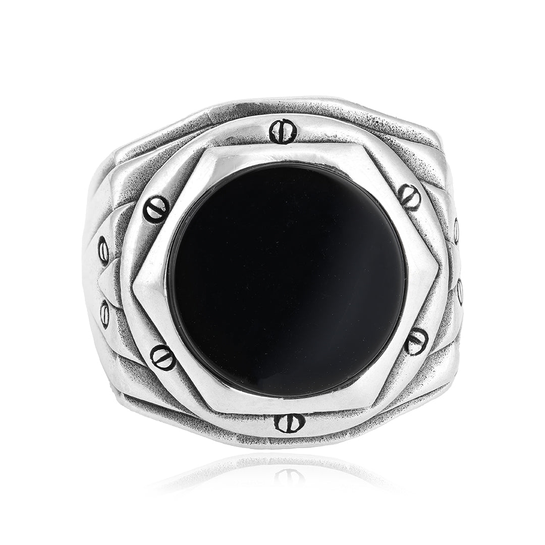 Hexa Engraved Oxidised Black Agate Ring