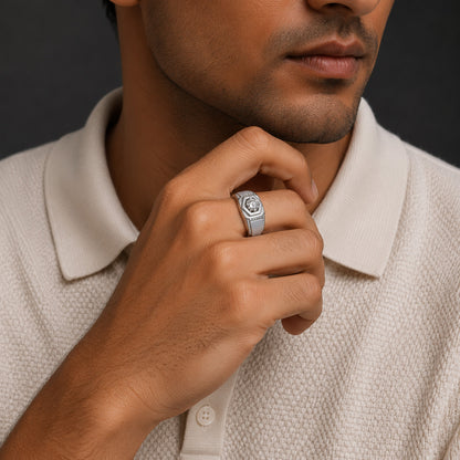 Hexa Shield Stone Silver Ring