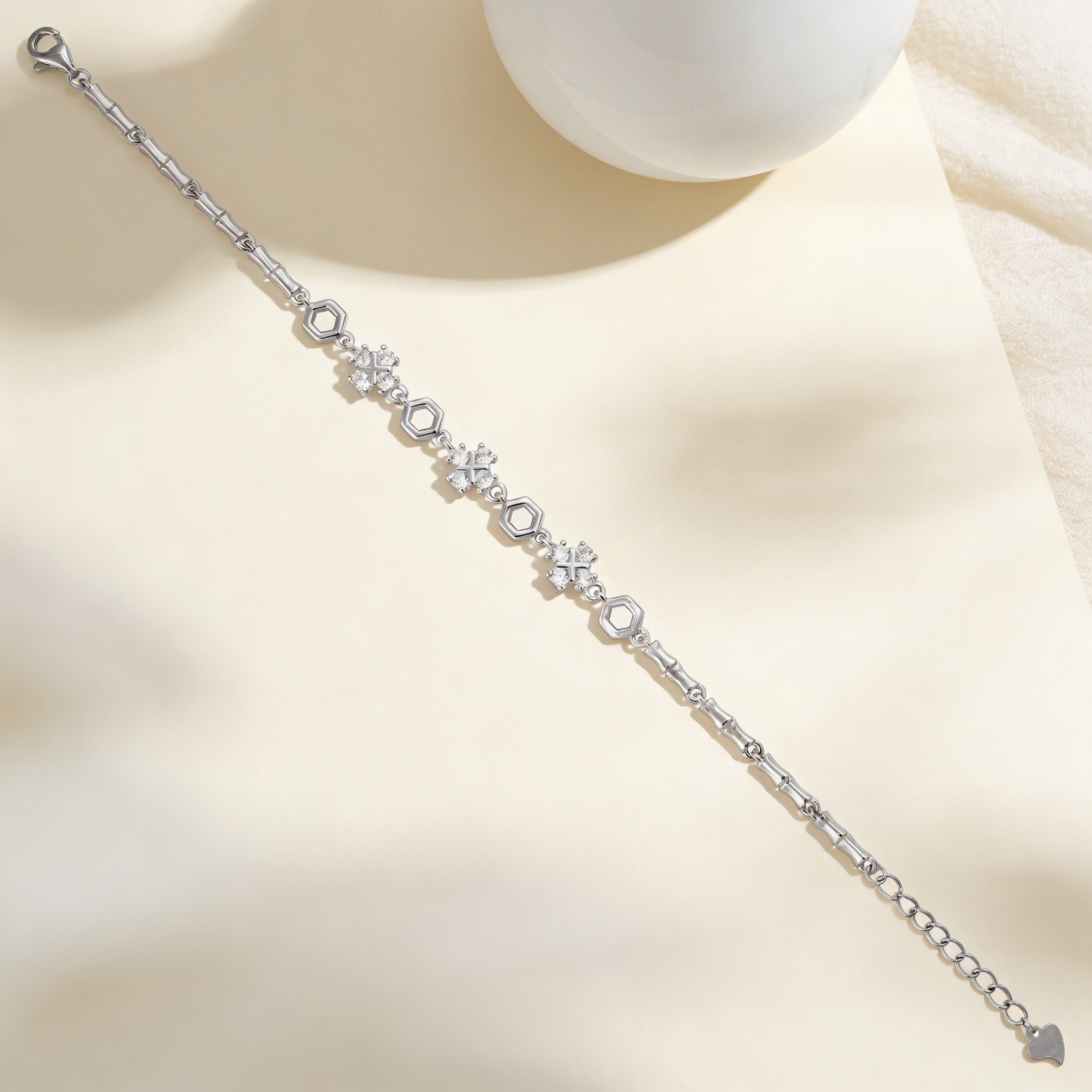 Hexagon Flower Crystal Link Design 925 Sterling Silver Bracelet for women