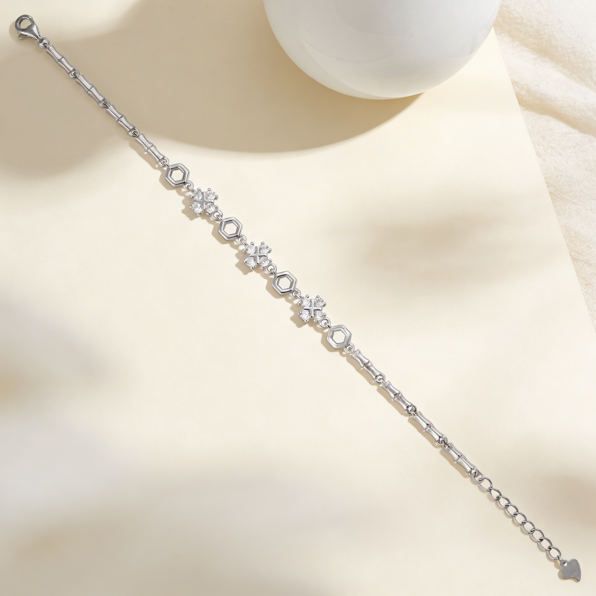 Hexagon Flower Crystal Link Design 925 Sterling Silver Bracelet for women