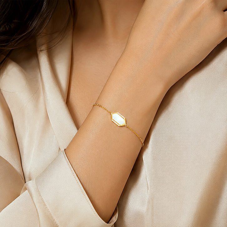 Hexagon Mother of Pearl Gold Plated Silver Bracelet